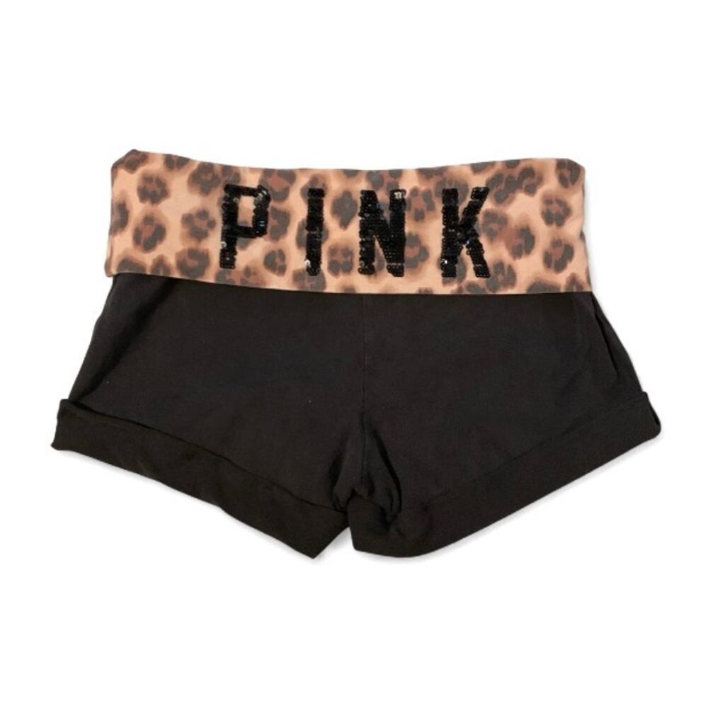 Victoria’s Secret PINK Y2K Foldover Black Mini Shorts – Sequin Leopard Logo